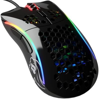 Glorious Gaming Model D- (Pequeño) Ratón gaming con cable - 61 g superligero, diseño colmena, RGB, ergonómico, sensor Pixart 3360, switches de Omron, deslizadores de PTFE, 6 botones - Negro brillante