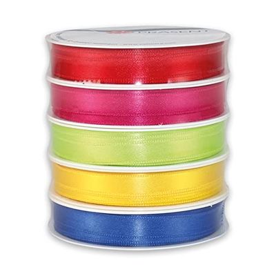 PRÄSENT Lot de 5 rubans de satin de 3 m de large de 10 mm de large pour emballage et décorations, rubans en tissu doux en cinq couleurs différentes