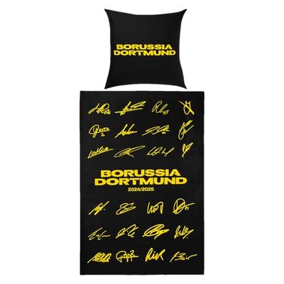 Borussia Dortmund BVB sängkläder underskrifter 2024/25, svart, 135 x 200 cm med dragkedja, dubbel design