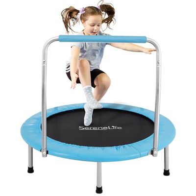 SereneLife 36" Mini Foldable Toddler Trampoline with Handle Bar, Spring-Free Rebounder Trampoline for Kids, Indoor/Garden Fitness & Play, Exercise Fun, Supports 150 lbs, Sky Blue