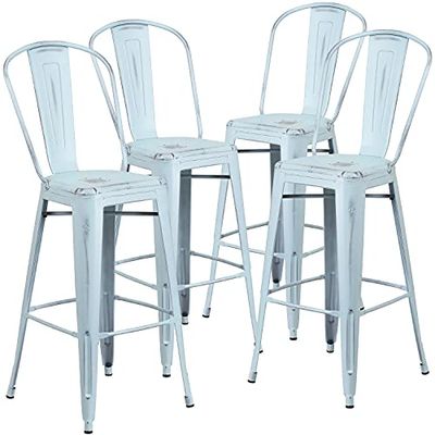 Flash Furniture Móveis Flash pacote de 4 bancos de bar de metal envelhecido de 30 polegadas para interiores e exteriores com encosto, verde e azul, 4 unidades