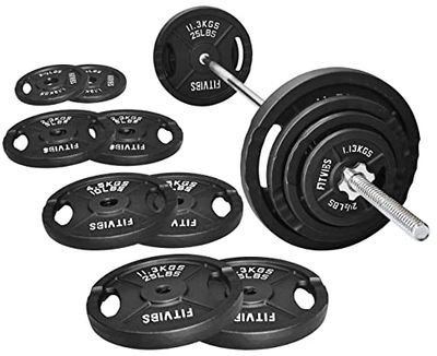 Fitvids Discos de peso estándar de hierro fundido que incluyen barra estándar de 5 pies con cierres de estrella, juego de 95 libras (placas de 85 libras + barra de 10 libras), varios paquetes, estilo
