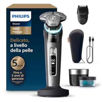 Philips Shaver i9000 Prestige, rasoio elettrico Wet & Dry, tecnologia Skin IQ, triplo sistema di sollevamento e taglio, doppie lame di precisione in acciaio 360º, styler per barba, modello XP9202/33