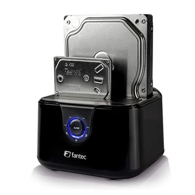 FANTEC DS-X2U3-Glanz USB3.2 Gen1 Docking Station for 2X SATA 3.5/2.5 Inch SSD/Hard Disk, Integrated One-Touch cloning Function, Transfer Rates up to 5Gbit/s (SUPERSPEED), High-Gloss Plastic, Black