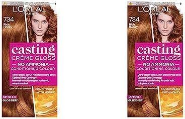 L’Oréal Paris Ammonia Free Semi-Permanent Hair Dye, 734 Rich Honey Blonde, Glossy Hair Colour, Natural Looking Finish, For up to 28 Shampoos, Casting Crème Gloss, 1 Application (Pack of 2)