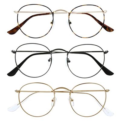 OPULIZE Sol - Reading Glasses with Blue Light Blocking 3 Pack Round Metal Retro Improve Sleep Reduce Headache Computer Glasses Gaming Anti-Reflective Brown Gunmetal Gold Mens Womens BBB94-279 +2.00