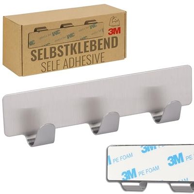 RICOO Ganci Adesivi in Acciaio Inox, Modello MH020-1, Attaccapanni Adesivo per Bagno e Cucina con 3 Ganci, Dimensioni 12 x 3 x 1,7 cm, Stile Moderno,1 pezzo, Argento.