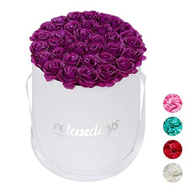Relaxdays Boîte Ronde, 34, Bac à Roses Blanc, conservable 10 Ans, Idée Cadeau, Violet, Carton, Tissu, PP, Lilas, 33 x 32 x 32 cm