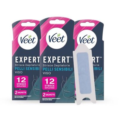 Veet Expert 36 Strisce Viso Pelli Sensibili, 3 confezioni da 12 strisce
