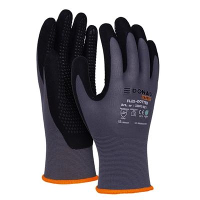 DONAU SAFETY Flex Dotted handskar arbetshandskar med halkskydd handtag noppor/storlek 07/S, 1 par/grå-svart/mekaniker monteringshandskar/nitril belagd lätt oljebeständig, nylon