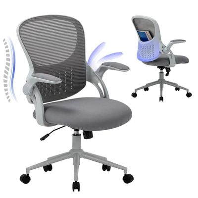 COLAMY Bureaustoel met gevoerde 90° opklapbare armleuning, lendensteun, in hoogte verstelbare ergonomische bureaustoel, draaibare computerstoel, comfortabel zitkussen, grijs