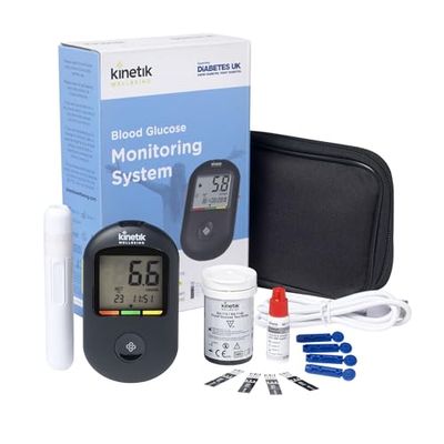 Kinetik Wellbeing Blood Sugar Monitor - Glucometer Kit for Diabetic Home Testing Used by the NHS - Monitor Glucose with Precision - Suitable for Pregnancy - Supporting Diabetes UK