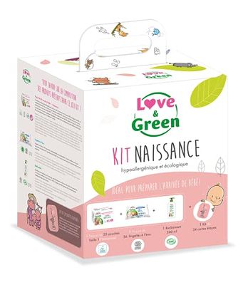 Love & Green Kit de nacimiento (1 paquete de T1 + 1 paquete de toallitas + 1 Bio liniment + 1 juego de 24 tarjetas pasos)