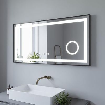 AQUABATOS 120x60 cm Miroir de Salle de Bain avec éclairage LED et Horloge numérique, Miroir Mural avec éclairage LED, Blanc Froid 6400K, Anti-buée, Interrupteur Tactile dimmable, 3X loupe, Cadre Noir