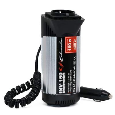 Schumacher, INV 150, Convertisseur 150W/300W, 12V à 230V Prise Allume-Cigare avec Adaptateur de Chargeur Rapide, Prise USB, pour Smartphone, Tablette, Ordinateur, Accessoire Compact pour Les Voyages