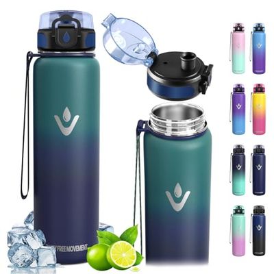 Vikaster Sportflessen - drinkfles 1000 ml, fitnessfles, BPA-vrije roestvrijstalen fles, lekvrije drinkfles, thermosfles, sport, volwassenen, school, sport, camping, outdoor