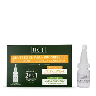 LUXÉOL – Progressivt håravfall 2-i-1 – främjar tillväxt och minskar håravfall – komprimerar håret – tillverkad i Frankrike – program för 1 månad – 14 flaskor à 6 ml