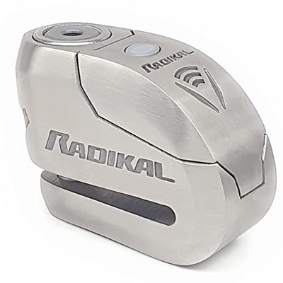 RADIKAL RK14S Cadeado moto disco premium alarme 120 dB ON/OFF ativação opcional, Warning LED, homologado SRA, fecho duplo 14 mm aço inoxidável, fechadura alta segurança pinça anti-roubo mota Scooter