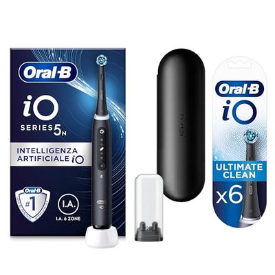 Oral-B Spazzolino Elettrico iO5N e Ultimate Clean Testine Spazzolino Elettrico, 1+6 Testine, 1 Spazzolino, Sensore di Pressione, 5 Modalità di Spazzolamento, Custodia da Viaggio, Nero, Idea Regalo