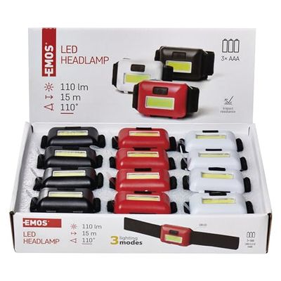 EMOS Mini lampada frontale a LED, 12 pezzi, ideale per bambini, 40 pezzi, lampada LED COB con luminosità 110 lm, 15 m e 3 modalità di illuminazione, funzionamento a batteria