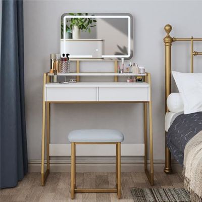 Mondeer Kaptafel met spiegel en kruk, make-uptafel met 3 kleuren instelbare helderheid LED-verlichting, 2 grote opbergladen en metalen frame, voor slaapkamer, wit en goud
