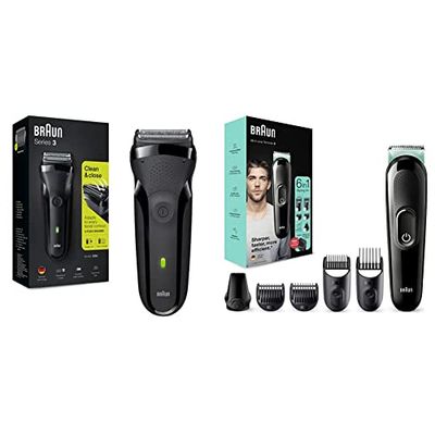 Braun Series 3 Electric Shaver for Men with Precision Beard Trimmer, 300, Black Razor & 6-in-1 All-in-One Trimmer Series 3, Male Grooming Kit with Beard Trimmer, MGK3221, Black/Volt Green