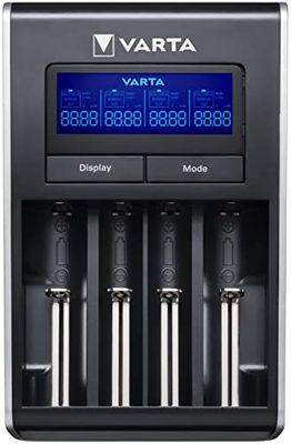 Varta 57676101401 LCD Dual Tech-oplader (geschikt voor Ni-MH AA/AAA, Li-Ion 18650, 18490, 18350, 17670, 17500, RCR123A / 17335/16340, 14500, 10440, via USB oplaadbare apparaten, enkele schachtlading),schwarz