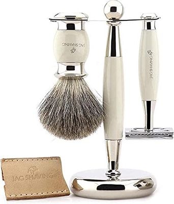 Jag Shaving Juego de 3 piezas de afeitar, cepillo profesional acero inoxidable soporte y afeitadora manual Afeitadora Afeitadora Afeitadora completa hombres juego de afeitar