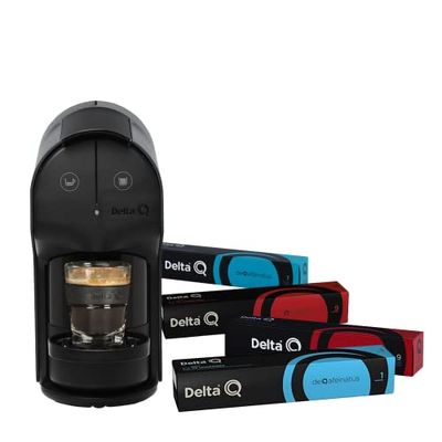 Delta Q - Pack Cafetera Delta Q Quick Gris - Para Cafés, Té y Bebidas Calientes - Sencilla y Práctica - Diseño Elegante - Incluye 100 Cápsulas DeQafeinatus + Qharacter