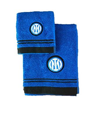 Inter, Juego de 2 Toallas de baño de Rizo de algodón con Logotipo, Toalla de Cara + Toalla bidé, 100% algodón, 60 x 100 – 40 x 60 cm, Negro y Azul, Producto Oficial
