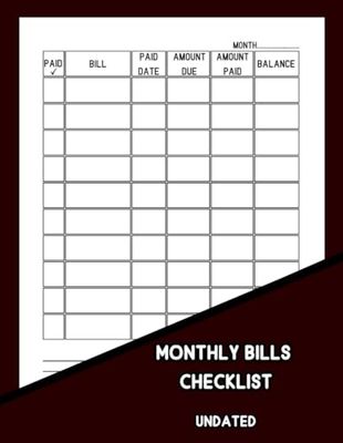 Monthly Bills Checklist Undated: Personal and Home Budgeting Planner Payments Tracker