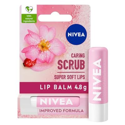 NIVEA 2in1 Caring Lip Scrub (4.8g), Lip Balm with Rosehip Oil and Vitamin E, Gently Exfoliates for Super Soft Lips, Intensive Lip Care, No Need to Wipe Off