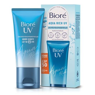 Biore Aqua Rich UV – lekki płyn nawilżający do twarzy – ochrona przed słońcem – współczynnik ochrony przeciwsłonecznej LSF 50 – UVA/UVB – działa pod makijażem – nie natłuszcza