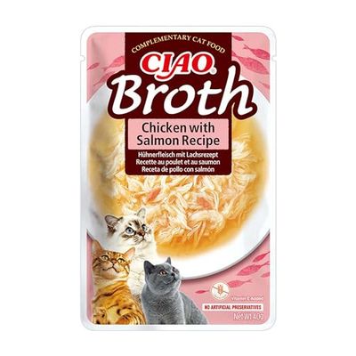 INABA CIAO Brodo di Pollo e Salmone, Cibo Umido per Gatti - Brodo Sano e Gustoso con Straccetti di Pollo - Cibo per Gatti Senza Conservanti o Coloranti Artificiali, Grain-Free - 1 x 40gr