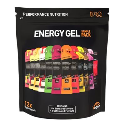 Torq Energy Gel Sample Pack of 12 - Ultimate On The Go Quick Release Energy - 30g of Carbohydrates - Electrolytes - Power - Running/Cycling/Sports Gels - Taster Pack - Natural & Vegan