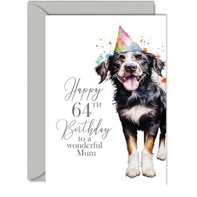 64th Birthday Cards for Mum - Party Dog - Happy Birthday Card for 64 Year Old Mum from Daughter Son, 5x7 Inch Bday Woman Women Her Greeting Cards Gift for Mum Birthday Gifts
