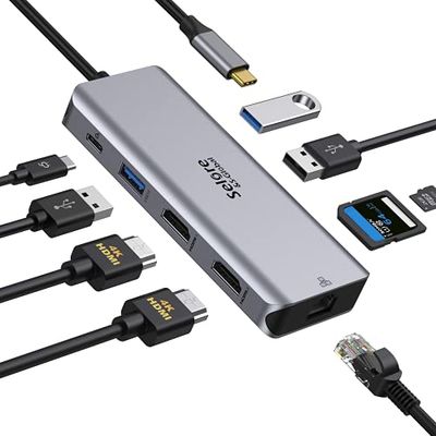 Selore USB-C-dockingstation, 9-in-1 USB C-hub 2 HDMI dual monitor, Gigabit Ethernet, USB 3.0 en USB 2.0, 100 W PD, SD/TF, compatibel met MacBook Pro, MacBook Huawei, Dell XPS tablet type C enz