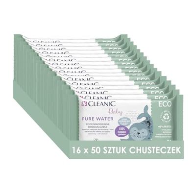 Cleanic Chusteczki nawilżane Baby Eco Pure Water dla dzieci i niemowląt - 99% skład na bazie wody - alantoina - bez perfum - jednorazowe - dla skóry wrażliwej - 50 x 16 sztuk