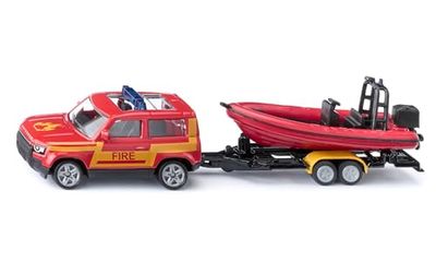 siku 1608, Land Rover Defender Camion Pompiers avec remorque et bateau, Voiture-jouet pour enfants, Métal/plastique, Rouge/jaune, Pneus caoutchoutés, Barres de signalisation bleues
