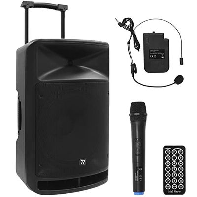 Enceinte Sono portable autonome avec 2 micros sans fil BoomTone DJ TravelSound15-VHF. Karaoke Haut-parleur 800W Tuner FM. Récepteur Bluetooth. Lecteur de carte SD, clé USB et télécommande IR.