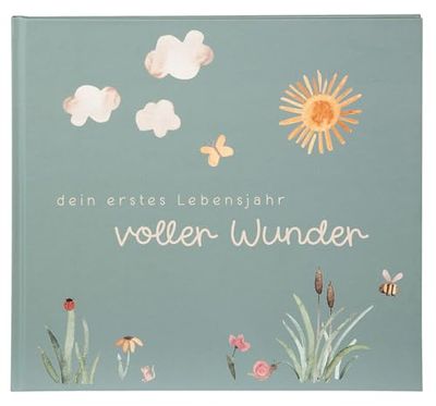 goldbuch 50 512 Journal de bébé plein de miracles Vert sauge Album souvenir avec 100 pages illustrées, couverture avec gaufrage doré et une prairie comme motif, album pour bébé env. 24,5 x 22,5 x 3,5