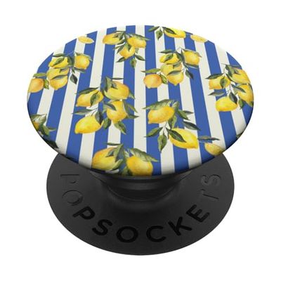 Italian Coast Lemons On Blue Stripes Summer Fruit Pattern PopSockets PopGrip Adhesivo
