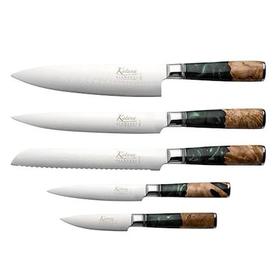 Katana Elements 6-Piece Kitchen Knife Block Set, Rainforest Green, VG-10 Damascus Steel with Olivewood and Resin Handle