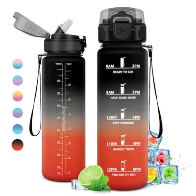 KollyKolla Drinkfles, 1 l, motiverende drinkfles met rietje, sportwaterfles met tijdweergave, drinkfles voor volwassenen, fiets, reizen