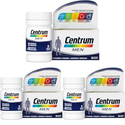 Centrum Men Multi Vitamines et Minéraux, 13 Vitamines et 10 Minéraux, Complément Alimentaire, Pour Homme, 30 comprimés (Lot de 3)