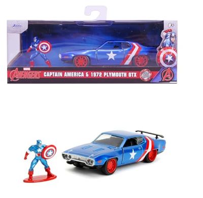 Jada Toys - Marvel Capitán América 1971 Plymouth GTX con Figura del Capitán América, Modelo de Coche de Metal, 1:32, Puertas Abiertas, 13,5 cm, para Fans y niños a Partir de 8 años