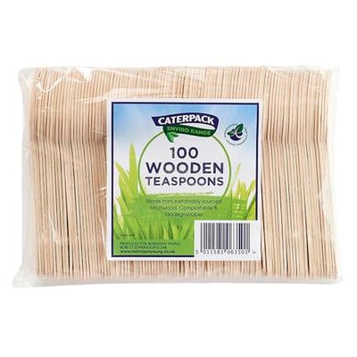 Caterpack Enviro Range 100 Wooden Teaspoons, Biodegradable/compostable/Disposable Wooden teaspoons, 100% Birchwood/eco Friendly Ideal for Catering/picnics/Parties/Camping