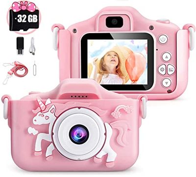 Fotocamera per bambini con custodia morbida in silicone, per bambini a partire da 4, 5, 6, 7, 8 anni, con scheda SD da 32 GB, schermo da 2,0 pollici, 1080P, HD 20 MP, fotocamera per bambini per