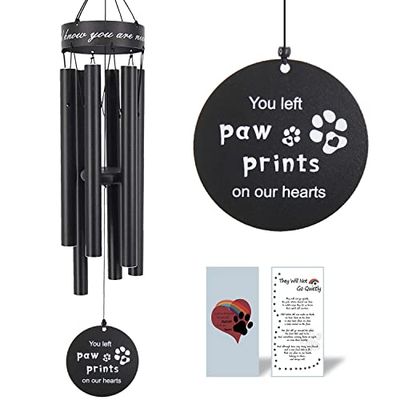 Campanello a vento commemorativo per animali domestici, 76 cm, stampa della zampa, regalo commemorativo per onorare e ricordare un cane, un gatto o altro animale domestico, in metallo di qualità, nero