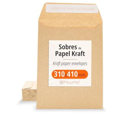 Kraft enveloppen, met siliconen band voor uitnodigingen of gastgeschenken voor bruiloften, communies of doopfeesten, enveloppen voor sieraden of zaden, Ofituria (310 x 410 mm, 50 ca.)